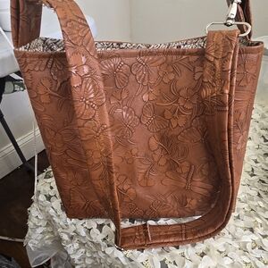 Floral Embossed Tan Tote Bag, Dragon And Butterfly Motif